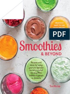 the book cover for smoothies and beyond shows different colored powders in glass bowls