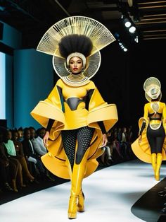 two models on the runway wearing yellow and black outfits with headpieces in their hair