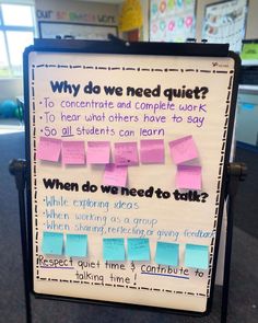 a sign with sticky notes attached to it that says why do we need quiet?