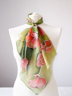 Poppy silk scarf is a striking hand painted square scarves made with natural silk. Featuring a beautiful group of poppies on a green background, this versatile scarf is both romantic and elegant. Size: -22 x 22 in ( 55 x 55 cm) IN THE PICTURES -34 by 34 in (88 by 88 cm) Silk: 100% natural Habotai Light (delicate, semi - transparent and a bit glossy) Delicate yet eye-catching, this beautiful silk scarves is perfect gift for every woman. Flowers are stylized in Art-Nouveau style. Great gift for Mo Green Scarf As Spring Gift, Green Scarf For Spring Gift, Green Scarves For Spring Gift, Green Floral Print Scarves As Gift, Green Floral Print Scarf For Gift, Artistic Green Silk Scarf With Floral Print, Handpainted Silk Scarves, Art Stories, Scarf Ideas