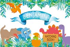 an image of children's birthday card with dinosaurs and birds in the background that says, benjamin hatching soon