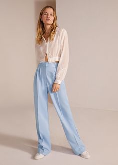 light blue Light Blue Trousers Outfit, Blue Trousers Outfit, Light Blue Dress Pants, Light Blue Trousers, Blue Pants Outfit, Baby Blue Pants, Blue And White Outfits, Women Trousers Design, Dress Pants Outfits