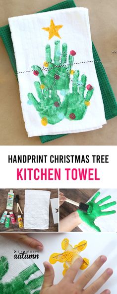 handprint christmas tree kitchen towel with green hands and yellow stars on the top, next to an image of a child's handprint christmas tree