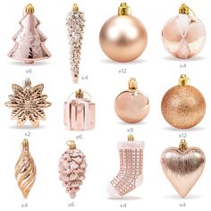 twelve christmas ornaments are shown in gold, silver and pink colors on a white background