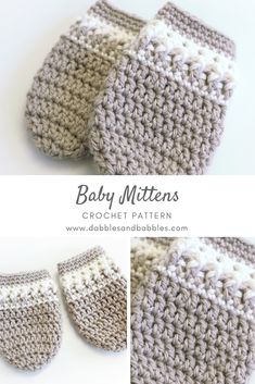 crocheted baby mittens are shown in three different pictures, one is grey and the other is white