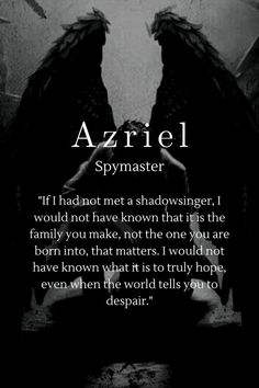 an angel sitting on top of a table next to a black and white photo with the words, azriel