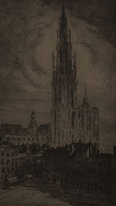 an old drawing of a large building in the middle of a city with tall spires