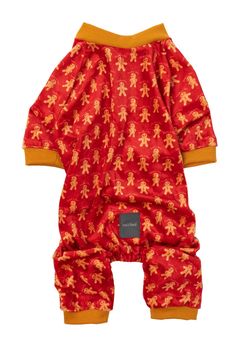 a red and yellow baby romper with an orange bear print on the front,