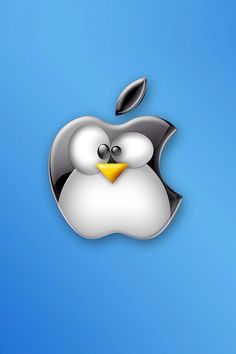 an apple logo with a penguin face on it