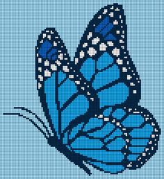 a blue butterfly with white dots on it's wings is shown in the cross stitch pattern