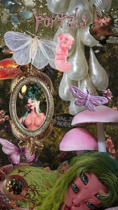 a collage of fairy images and mushrooms