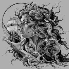 a drawing of a woman with octopus tentacles around her head and ship in the background