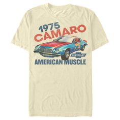 Now you can dress in style and show your love for your favorite car brand with this officially licensed General Motors 1975 Camaro American Muscle Men's Tee, featuring a shiny red and blue 1975 Camaro! If you love American-made cars, then you need to grab this cool new graphic tee for yourself today! 1975 Camaro, Vintage Camaro, Motorcycles Logo Design, Camaro Car, Mens Workout Shirts, Muscle T Shirts, Car Brand, American Muscle, Slim Fit Shorts