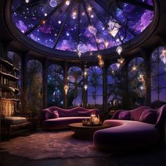 a living room filled with furniture under a glass ceiling covered in stars and moon lights