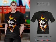 a man wearing a t - shirt with flames on it and the image of a skull