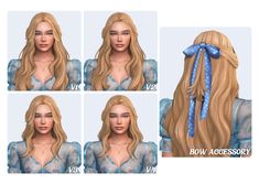 four different views of a woman with long blonde hair and blue bows on her head