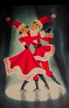 a painting of two people dressed as santa and mrs claus dancing in the snow with their arms around each other