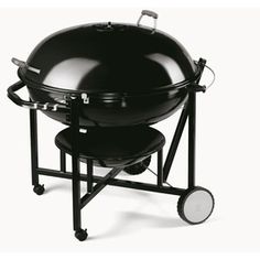 a large black grill with wheels on it's sides and the lid closed up