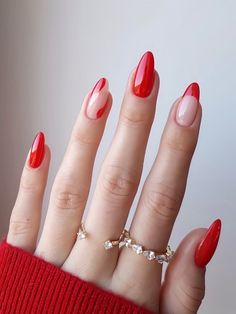 Red  Collar   Colorblock Color Nails Embellished   Beauty Tools Red Holographic Nails French Tip, Valentines Day Nails Oval, Red Floral Nails, Hoco 2023, Vday Nails, Classy Acrylic, Unghie Sfumate, 2023 Nails, Red Acrylic Nails