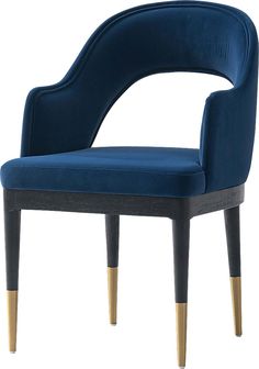 an upholstered blue chair with gold legs