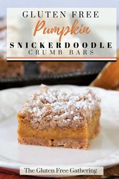 gluten free pumpkin snickkerboodlele crumb bars on a white plate