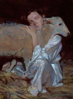 a painting of a woman kneeling down next to a sheep with her face in her hands