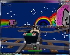 a computer screen shot of a person in a cart with a rainbow on the background