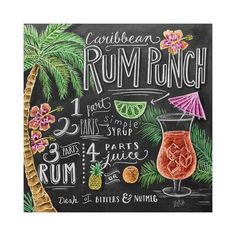 a chalkboard drawing of a cocktail menu with palm trees and umbrellas on it