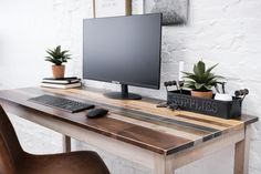 a computer monitor sitting on top of a wooden desk next to a keyboard and mouse