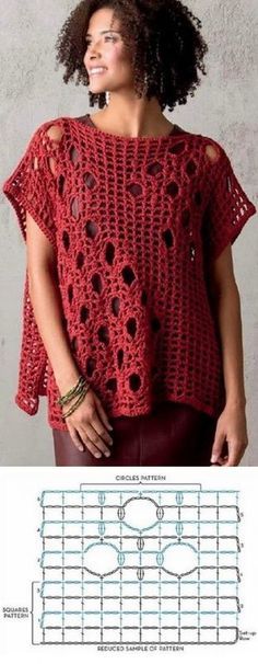 a woman wearing a red crochet top with an openwork pattern on it