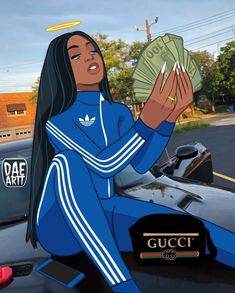 a woman sitting on the hood of a car with money in her hand and an ad for gucci