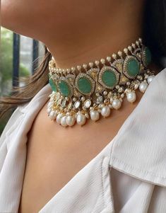 Sabyasachi Inspired Uncut Polki Kundan Choker Set with Turquoise Carved Stones and Pearls, Includes Earrings Kundan Choker Set, Sabyasachi Jewellery, Kundan Choker, Stones Necklace, Diamond Choker, Real Jewelry, Choker Set, Kundan Jewellery, Pearl Choker