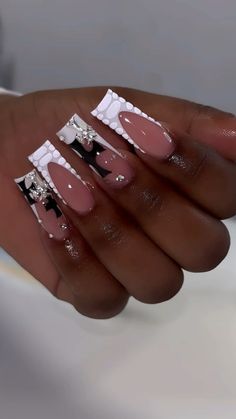 Black Or White Acrylic Nails, Kehlani Nail Designs, Nail Inspo With Cross, Acrylic Nails Charm, White Acyrilics Nails With Design, Cute But Classy Nails, Customize Nails, Rod Wave Nails Ideas, Acrylic Nails Dramatic