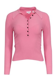 A.L.C. gives the menswear-inspired polo a chic feminine update with their "Lance" top. Crafted from a sleek ribbed knit, this pretty pink number contours the body perfectly for a flattering fit. The pointed collar and button closure add a polished touch, making this soft knit a versatile must-have. Size XS Fabric: 83% Viscose, 17% Polyester Pullover Partial front button Pointed collar Stretchy ribbed knit Bust 23" Waist 16" Shoulder to hem 21" Sleeve length 22" Trendy Knit Tops With Ribbed Collar, Pink Ribbed Fitted Knit Top, Fitted Ribbed Pink Knit Top, Fitted Pink Ribbed Knit Top, Spring Casual Fitted Polo Sweater, Trendy Ribbed Collared Polo Sweater, Classic Pink Top With Ribbed Collar, Collared Ribbed Knit Top, Casual Fitted Ribbed Polo Sweater