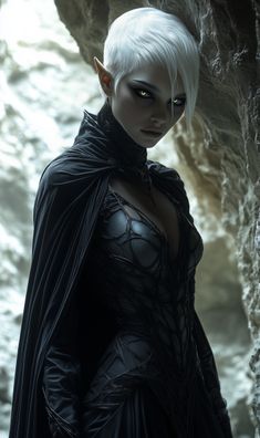 a woman with white hair wearing a black dress and cape standing in front of a cave