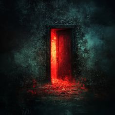 an open door in the dark with red light coming from it