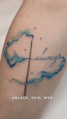 a tattoo that says always on the side of a woman's leg with a needle in it