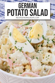 this german potato salad is loaded with hard boiled eggs and ham