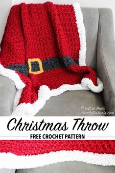 a crocheted santa hat on top of a couch with text overlay that reads christmas throw free crochet pattern