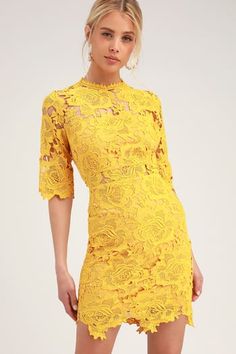 Find a Trendy Women's Yellow Dress to Light Up a Room | Affordable, Stylish Yellow Cocktail Dresses and Formal Gowns Cute Yellow Dresses, Cute Cocktail Dresses, Womens Yellow Dress, Cocktail Dress Yellow, Yellow Lace Dresses, Yellow Clothes, Lace Gown Styles, Neon Outfits, Latest Fashion Dresses