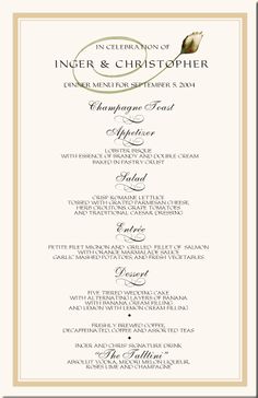 an elegant wedding menu is shown in black and white, with gold trimmings