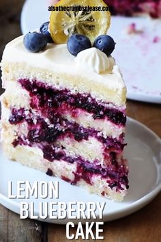 a slice of lemon blueberry cake on a plate