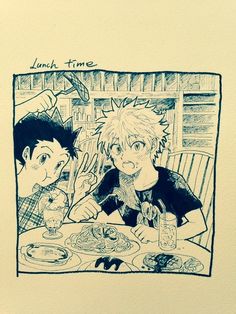 a drawing of two people sitting at a table with food and drinks in front of them