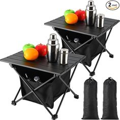 two folding tables with drinks and fruit on them