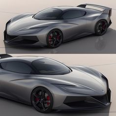 two views of a silver sports car with red rims on the front and side