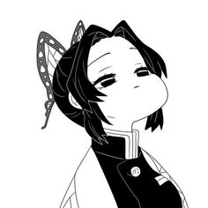 a black and white drawing of a girl with a butterfly on her head, looking to the side