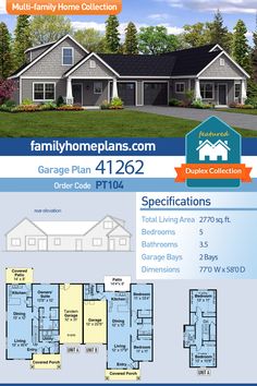 the front and back of a house plan for a family home with two garages