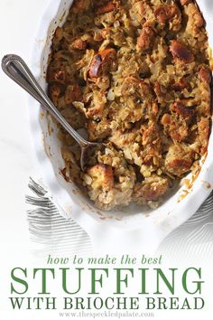 the recipe for stuffing with broccoli bread in a casserole dish is shown