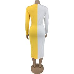 Plus Size Patchwork Cross Bandage Long Sleeve Dress White Patchwork Mini Dress For Fall, Fitted Patchwork Bodycon Dress For Spring, White Fitted Midi Dress With Patchwork, White Color Block Midi Dress, Yellow Long Sleeve Bodycon Dress, White Long Sleeve Color Block Dress, White Color Block Dresses For Fall, White Color Block Dress For Fall, Spring Patchwork Bodycon Dress