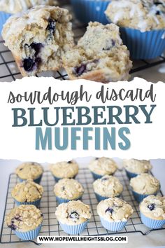 Freshly baked sourdough blueberry muffins on a cooling rack. Sourdough Starter Discard Muffins, Sourdough Blueberry Muffins Recipe, Sourdough Lemon Poppyseed Muffins, Blueberry Muffins Sourdough Discard, Blueberry Sourdough Discard Muffins, Sourdough Discard Pancakes Recipe, Dairy Free Sourdough Discard Recipes, Sourdough Muffins Healthy, Sourdough Muffins Blueberry